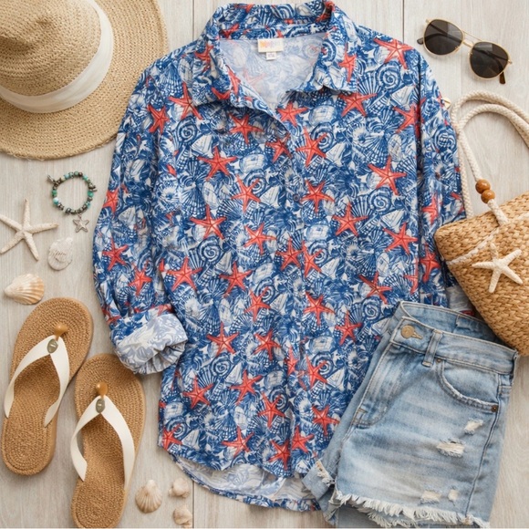 LuLaRoe Tops - LuLaRoe Valentina button down shirt Blue Red starfish pattern blouse top large